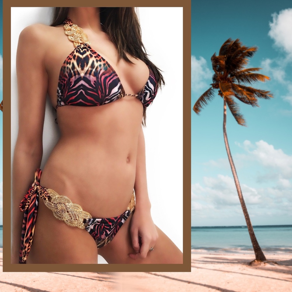 Animal Print String Bikini w/ Gold Emblems NWT - Picture 3 of 9